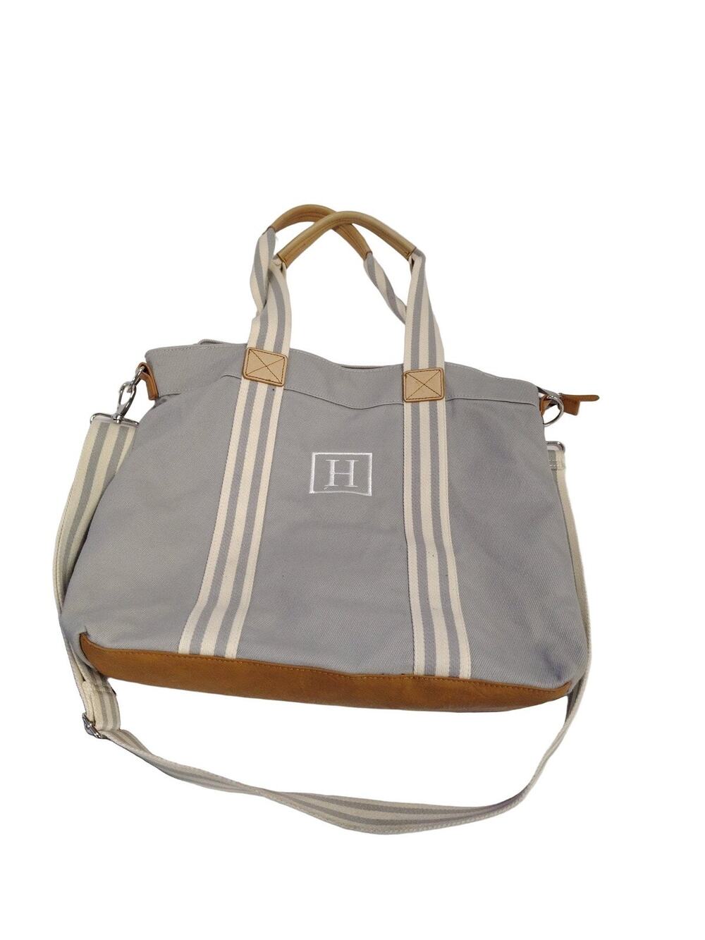 Pottery Barn Kids Classic Diaper Tote Bag Grey White Tan Changing Pad Monogram H